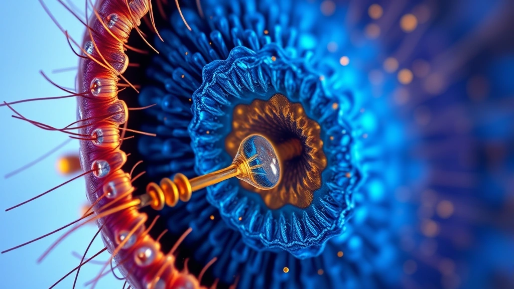 Microscopic cross-section of hair fiber showing protein penetration and restored cortical structure, scientific visualization with blue and gold tones
