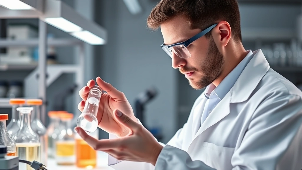 Professional laboratory setting showing a scientist in white coat examining a therapeutic formulation under bright LED lighting, with scientific equipment and glass beakers in background, emphasizing research and development process