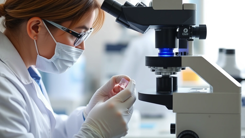 Laboratory scientist examining hair sample under microscope, analyzing therapeutic compound effectiveness, clean white coat, professional medical environment, scientific equipment visible
