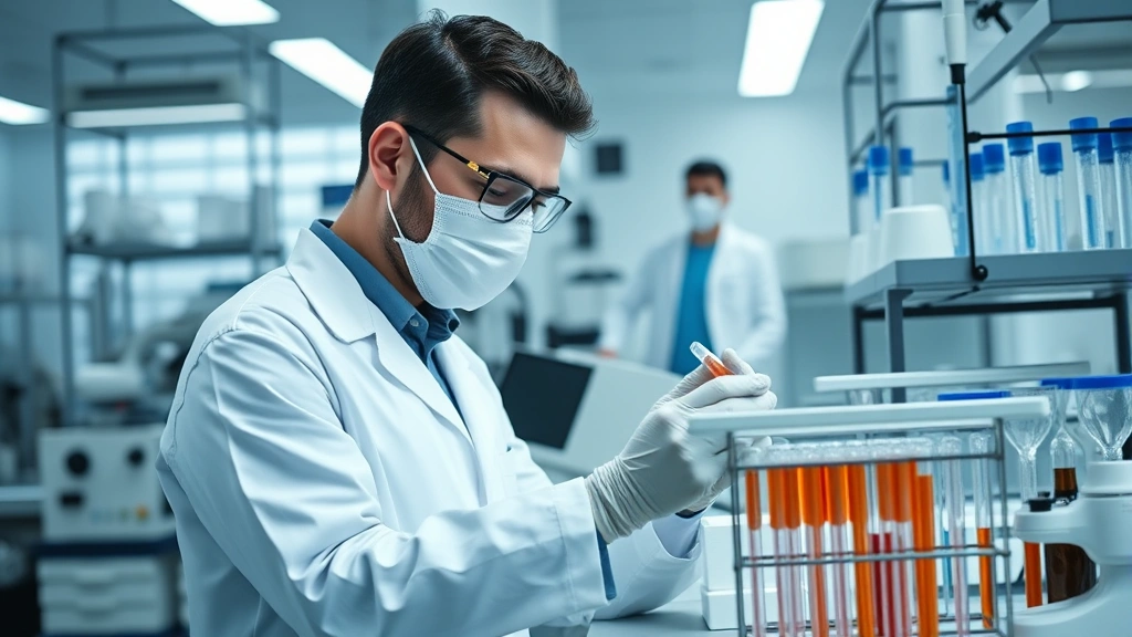 Modern laboratory technician in white coat examining therapeutic compound formulation in sophisticated research facility with advanced equipment and test tubes, photorealistic professional environment