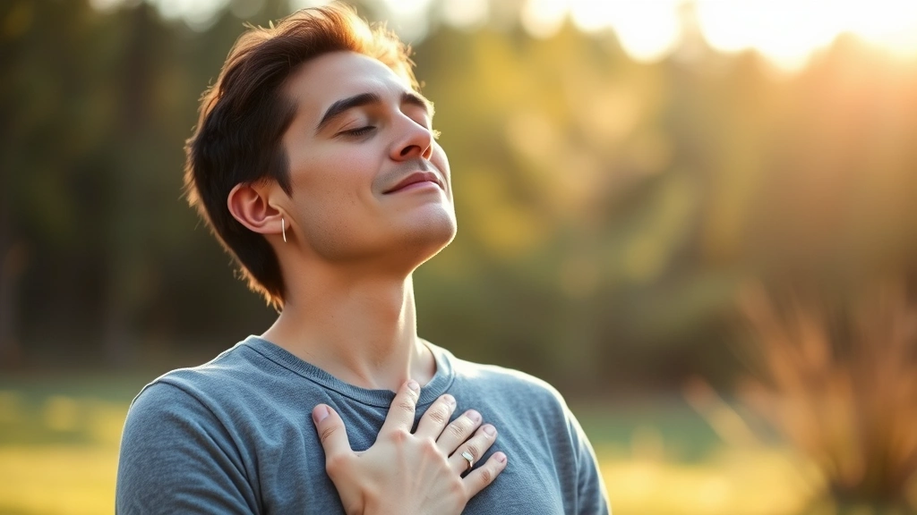 Person practicing mindful breathing outdoors with eyes closed, gentle hand on chest, morning sunlight, calm expression, nature background with soft focus