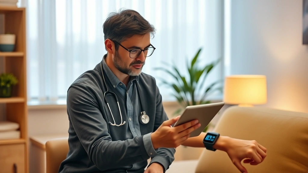 Mental health professional examining biometric data on tablet while patient wears monitoring device, warm clinical environment, focused consultation moment, photorealistic, no visible screen content