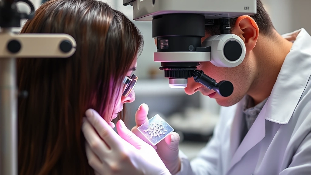 Laboratory scientist examining hair sample under professional equipment, measuring treatment efficacy and structural integrity with precision instruments