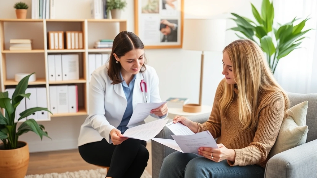 Professional therapist and client in a comfortable office setting reviewing printed worksheets and treatment plans together, warm and supportive environment