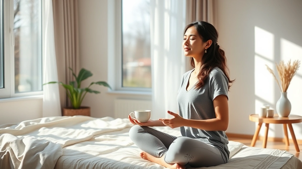 Woman practicing mindfulness during morning routine in modern minimalist bedroom, sitting peacefully with tea, natural sunlight, calm peaceful expression, embodying integrated daily mindfulness practice