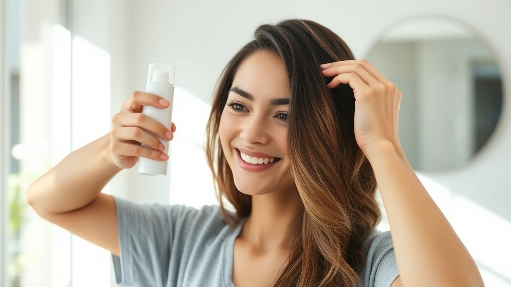 Person applying leave-in therapy product to hair with satisfied expression, natural indoor lighting, showing product consistency and application technique, modern bathroom setting