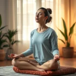 Person in peaceful meditation pose on cushion in serene bedroom with soft warm lighting and plants, eyes gently closed in mindful awareness, photorealistic wellness photography