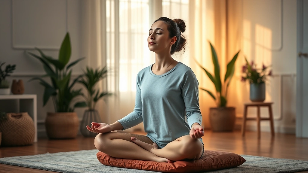 Person in peaceful meditation pose on cushion in serene bedroom with soft warm lighting and plants, eyes gently closed in mindful awareness, photorealistic wellness photography