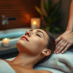 Serene spa environment with soft warm lighting, person receiving therapeutic massage with relaxed facial expression, natural elements like plants and water features visible, peaceful atmosphere emphasizing mental wellness and calm
