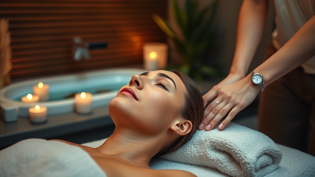 Serene spa environment with soft warm lighting, person receiving therapeutic massage with relaxed facial expression, natural elements like plants and water features visible, peaceful atmosphere emphasizing mental wellness and calm