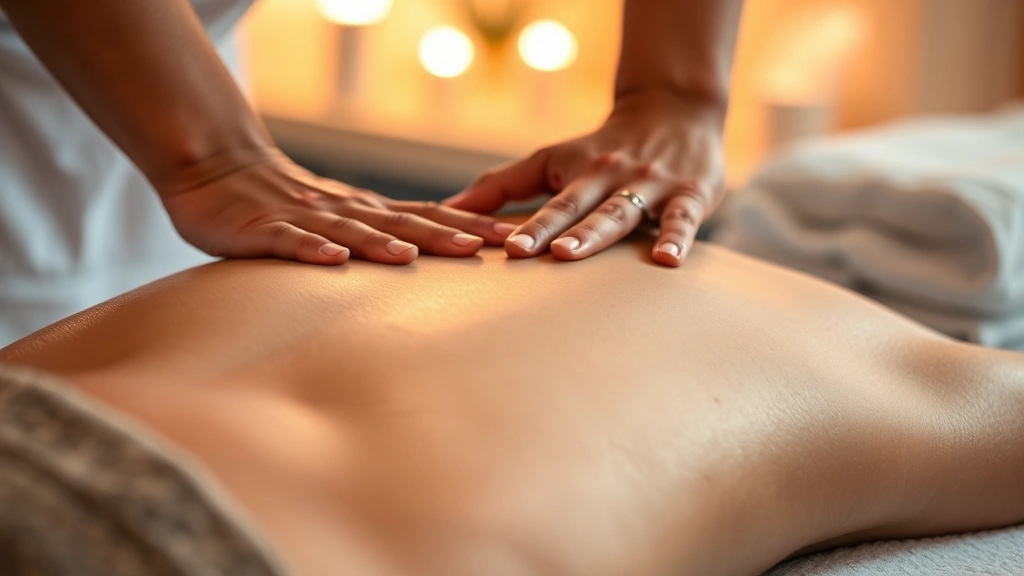 Close-up of hands performing smooth gliding massage technique on relaxed client's back, warm lighting, professional spa setting, serene atmosphere with soft focus background