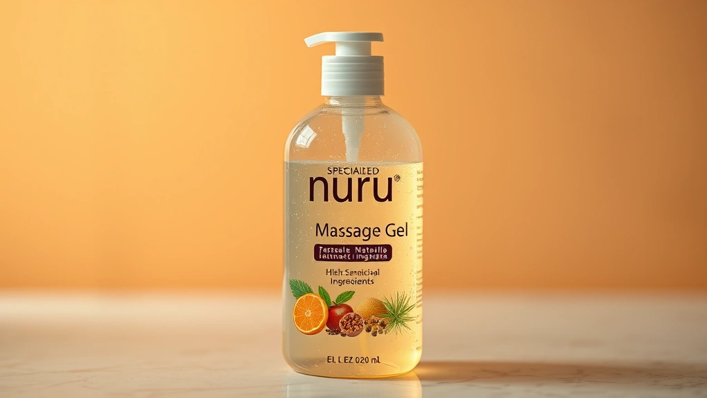 Transparent bottle of specialized nuru massage gel with natural ingredients visible, warm ambient lighting highlighting gel texture, professional wellness product photography