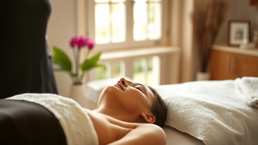 Person in meditative relaxation during massage therapy session, serene facial expression, soft natural light through windows, professional therapeutic setting