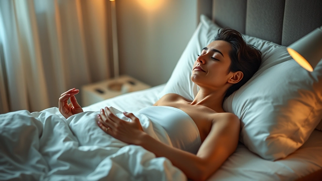 Person lying in comfortable bed practicing body scan meditation with calm expression, soft bedside lamp creating gentle ambient light, relaxed bedroom environment photorealistic