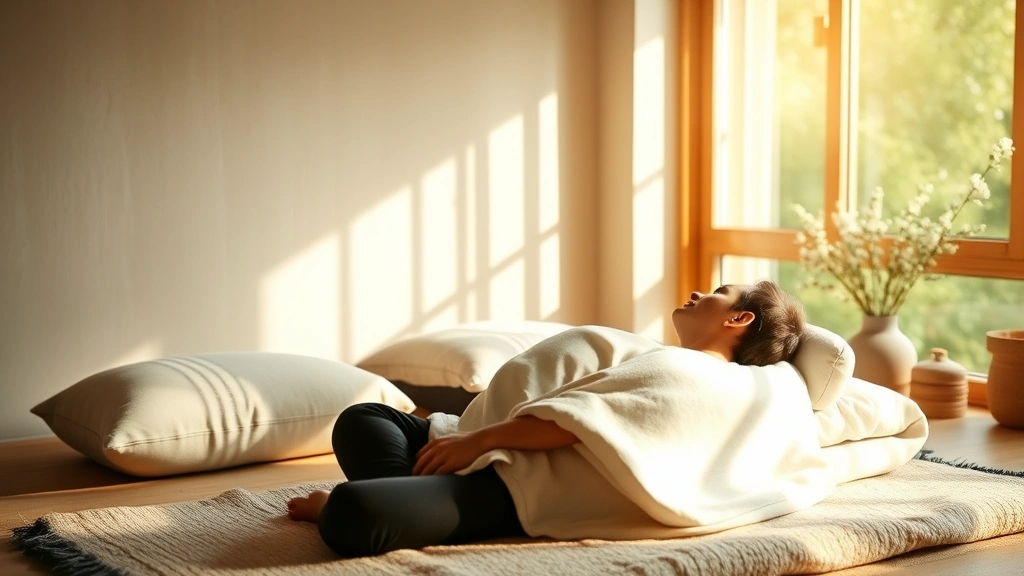 Peaceful meditation or relaxation space with natural light, person in state of deep rest and restoration, soft textures visible like cushions and blankets, embodying the mental health benefits of therapeutic massage and nervous system healing