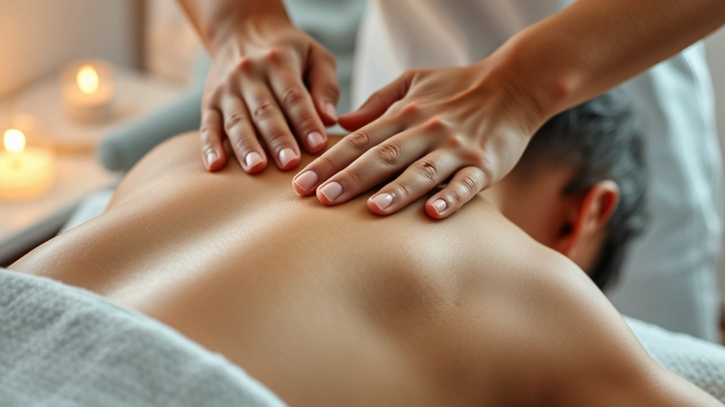 Therapist's hands with warm gel creating continuous massage strokes across client's shoulder and back, showing proper technique and therapeutic engagement, peaceful clinical environment