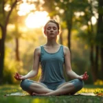 A person sitting in peaceful meditation posture in a serene natural environment with soft morning light filtering through trees, eyes gently closed, showing complete mental calm and tranquility without any visible text or distractions
