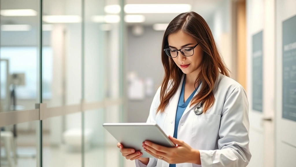 Professional occupational therapist in white coat reviewing digital tablet with patient medical records in modern clinic setting, focused expression, warm lighting, clinical environment