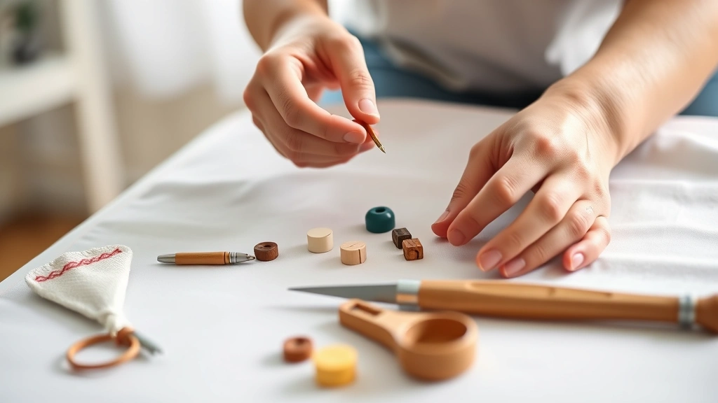 Close-up of hands performing occupational therapy fine motor assessment with small objects and measuring tools on treatment table, therapeutic activity demonstration, natural lighting