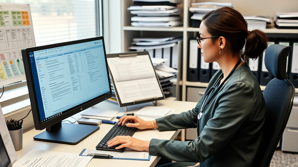 Healthcare billing specialist working at computer desk with insurance documents and coding reference materials, professional office environment, organized workspace with filing systems visible