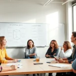 A diverse group of occupational therapy students in a modern graduate classroom engaged in discussion about mental health treatment modalities, with visible whiteboards showing occupational therapy models and frameworks, bright natural lighting
