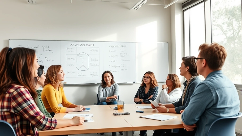 A diverse group of occupational therapy students in a modern graduate classroom engaged in discussion about mental health treatment modalities, with visible whiteboards showing occupational therapy models and frameworks, bright natural lighting