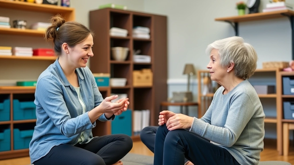A licensed occupational therapist conducting a one-on-one therapy session with a client in a warm, welcoming clinical space, with activity materials and tools visible on shelves, demonstrating collaborative engagement and therapeutic rapport