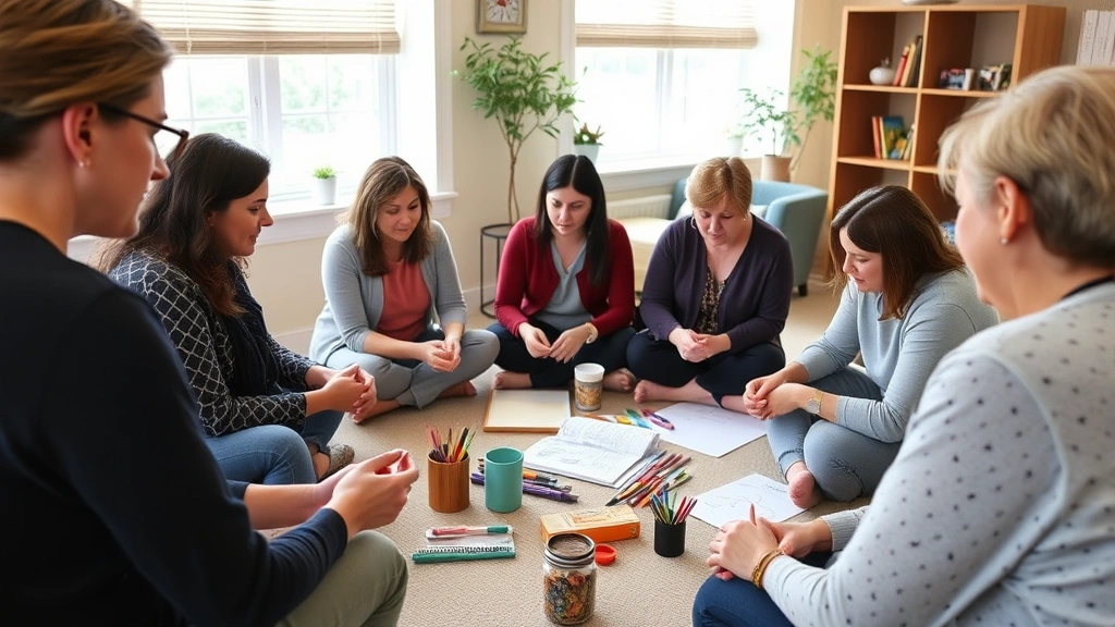 An occupational therapist facilitating a group activity session in a mental health treatment setting, with multiple participants engaged in meaningful creative or vocational activities, showing community, purpose, and occupational engagement