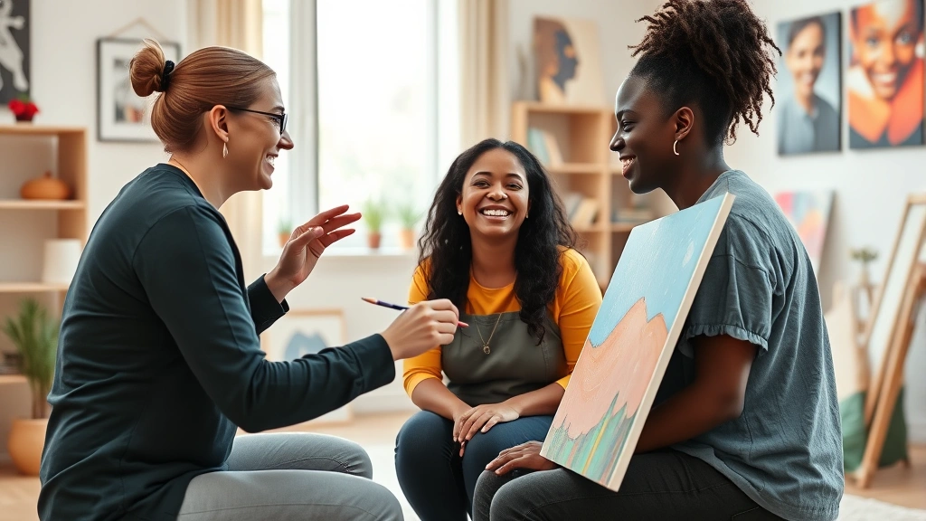 Professional occupational therapist facilitating a creative art therapy session with a diverse client in a bright, welcoming therapy studio, showing engagement and emotional expression through painting