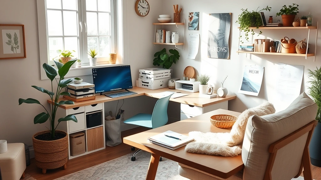 Organized, peaceful home workspace showing healthy daily routine setup with plant, natural light, organized desk, comfortable seating, and wellness items demonstrating occupational therapy environmental modification principles