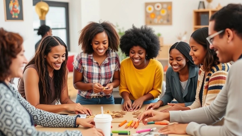 Group of diverse individuals participating in meaningful community activity workshop together, showing social connection, collaboration, and purposeful engagement in a supportive occupational therapy group setting