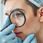 Close-up of dermatologist examining patient's oily skin with magnifying tool in clinical setting, professional medical environment, natural lighting, skin texture visible