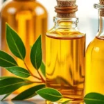 Close-up of golden jojoba and argan oil in glass bottles with green leaves, professional skincare laboratory setting, soft natural lighting, scientific aesthetic