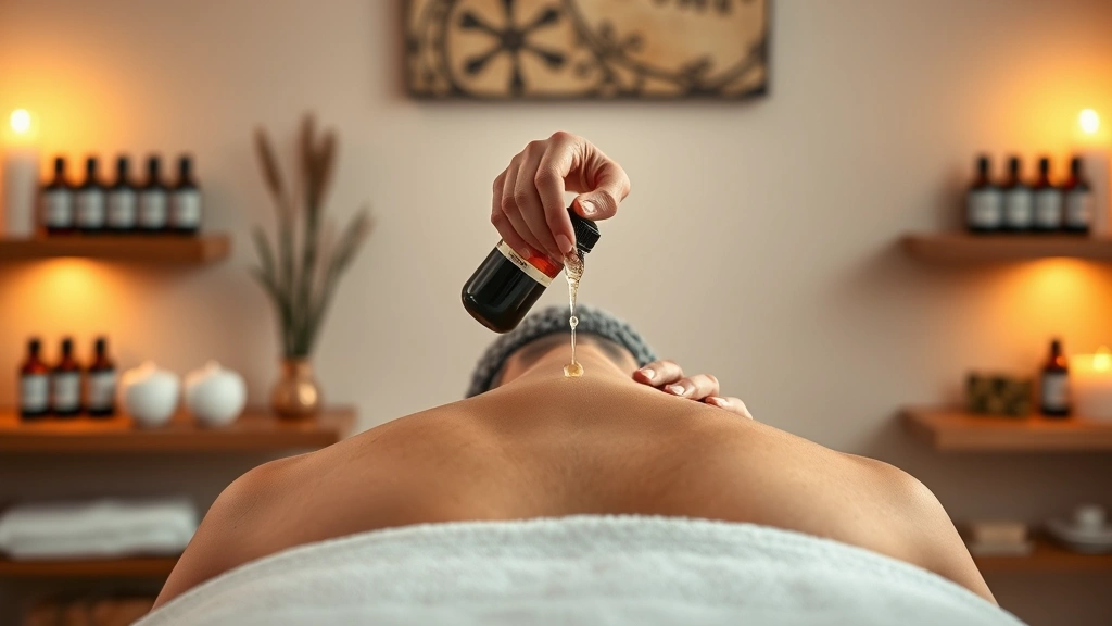 Person receiving professional oil massage therapy in a serene spa environment with warm lighting, essential oil bottles visible on wooden shelves, focused on hands applying oil to shoulders, photorealistic, calming atmosphere, no text visible
