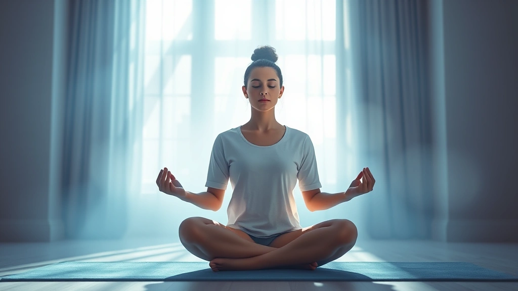 Person meditating in lotus position surrounded by soft blue and green light, serene facial expression, peaceful indoor environment with natural window lighting, photorealistic