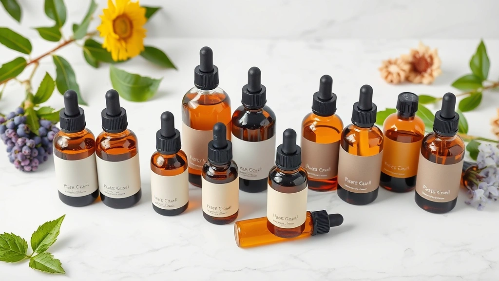 Assorted pharmaceutical-grade pure plant oils in amber glass bottles arranged on white marble surface with fresh botanical ingredients nearby, professional product photography, clinical aesthetic, no labels visible