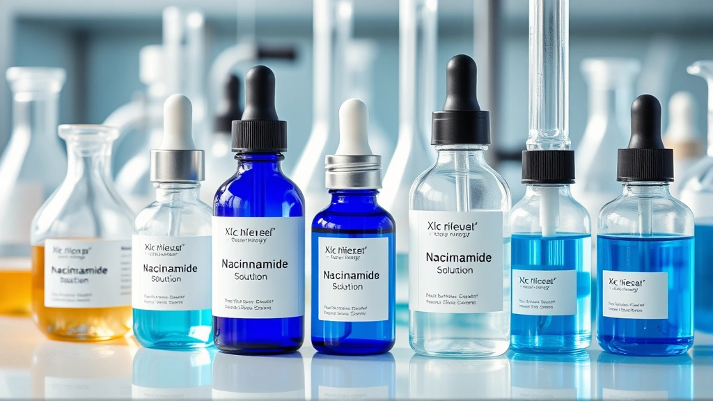 Laboratory beakers and bottles containing skincare serums and niacinamide solutions, scientific research setup, blue and clear liquids, sterile medical environment