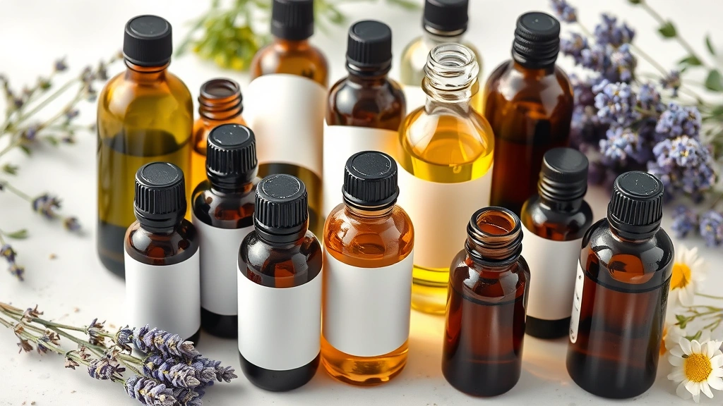 Close-up of various carrier oils and essential oils in glass bottles arranged on a white surface with fresh botanicals like lavender and chamomile nearby, natural lighting, photorealistic, professional product photography style, no labels or text
