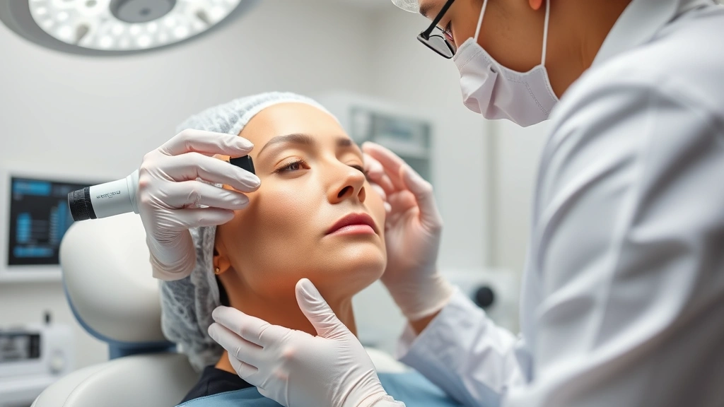 Dermatologist performing skin barrier assessment using professional equipment on patient's face in modern medical facility, clinical lighting, showing consultation and professional expertise, no identifying information visible
