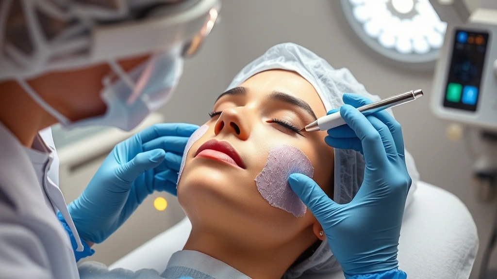 Dermatologist performing professional chemical peel treatment on patient's face with protective equipment, clinical procedure room, advanced skincare technology visible