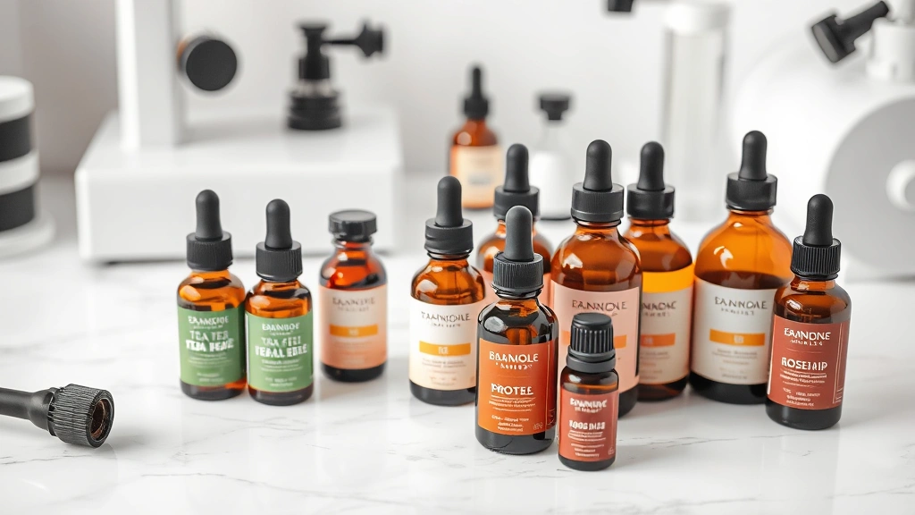 Array of therapeutic oils including tea tree, frankincense, and rosehip in amber glass bottles on white marble surface with scientific equipment nearby, minimalist aesthetic