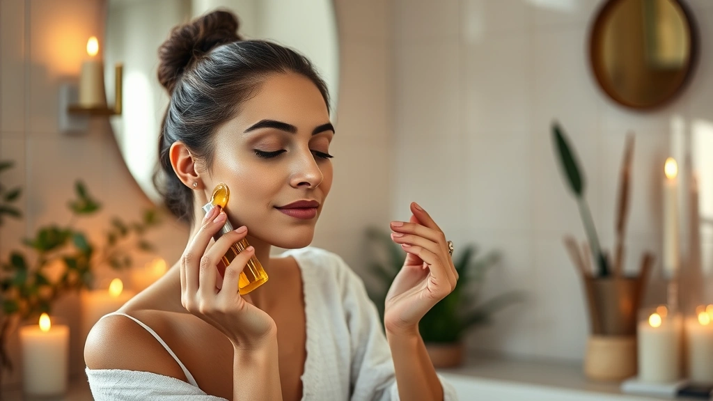 Individual practicing mindful self-care applying oil to face in a peaceful bathroom setting with candles and plants, warm natural lighting, serene expression, photorealistic, demonstrating ritualistic wellness practice, no mirrors or reflective surfaces showing text