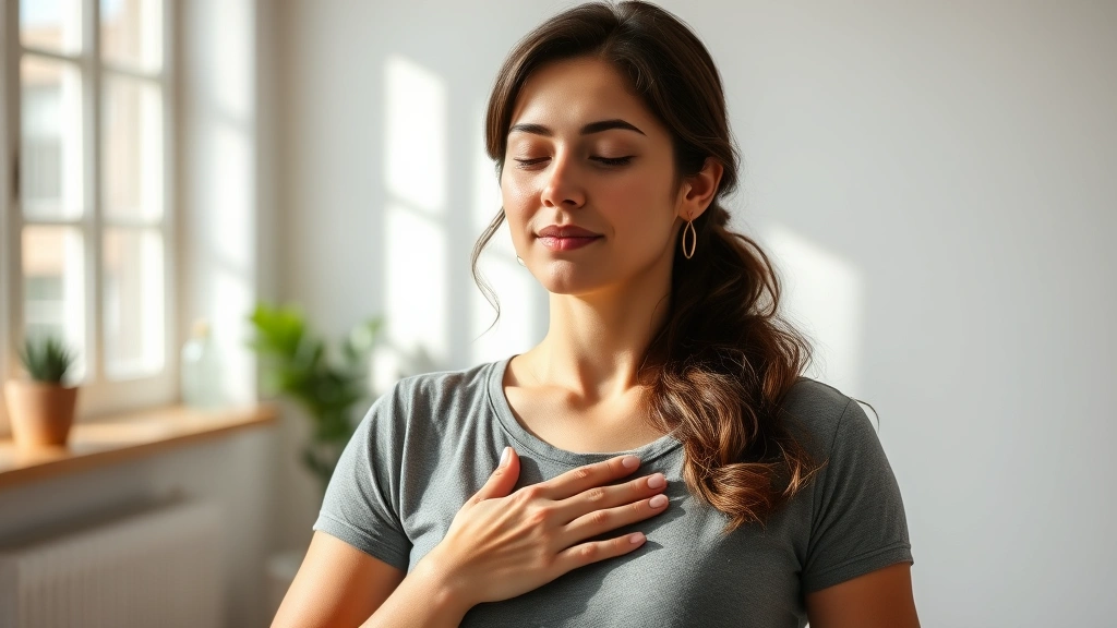 Woman practicing breathing meditation with hand on chest, calm composed expression, natural daylight from window, showing mindfulness technique in practice, photorealistic portrait