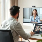 A person sitting at a desk during a video consultation with a wellness practitioner on a laptop screen, modern home office setting, natural lighting from window, relaxed professional atmosphere, photorealistic