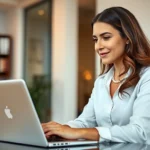 Professional woman therapist conducting a virtual therapy session on a laptop in a modern clinical office, warm lighting, professional setting, showing the therapist's caring expression and modern technology interface