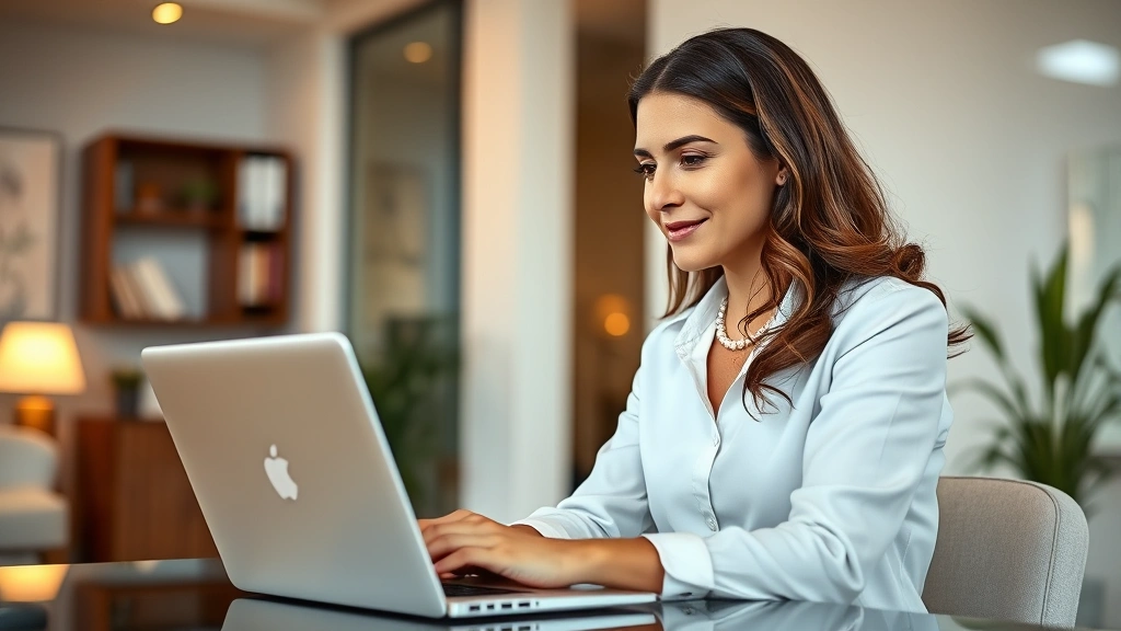 Professional woman therapist conducting a virtual therapy session on a laptop in a modern clinical office, warm lighting, professional setting, showing the therapist's caring expression and modern technology interface