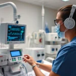 Respiratory therapist operating advanced ventilator equipment in modern hospital intensive care unit, monitoring vital signs on digital display screens, professional healthcare setting with medical devices