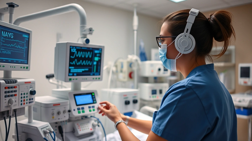 Respiratory therapist operating advanced ventilator equipment in modern hospital intensive care unit, monitoring vital signs on digital display screens, professional healthcare setting with medical devices