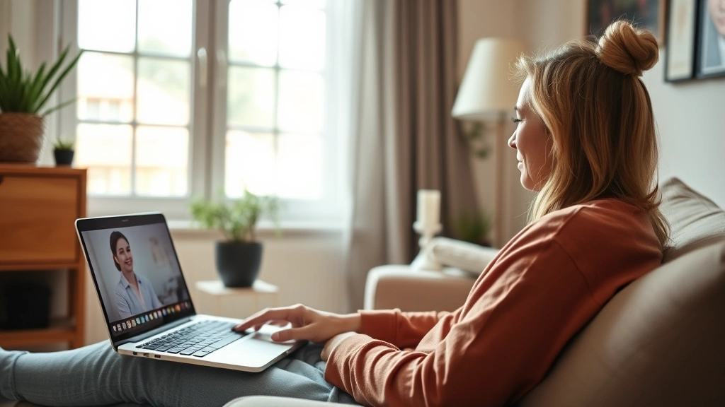 Person sitting in comfortable home environment during a video therapy session, natural lighting from window, relaxed posture, laptop screen visible showing therapist, cozy home setting demonstrating accessibility