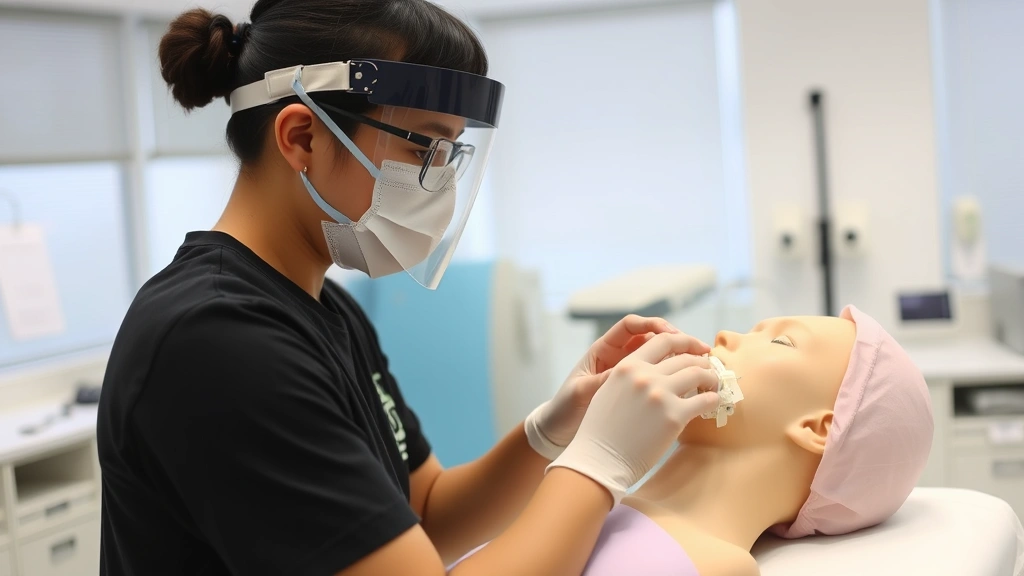 Student wearing protective equipment practicing clinical respiratory therapy skills on manikin simulator in laboratory training environment, demonstrating hands-on technique application